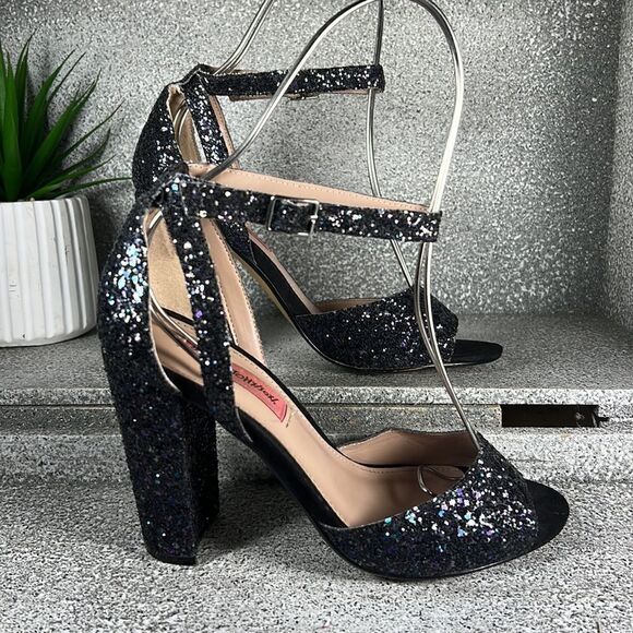 Betsey Johnson Black Rainbow Glitter Glissten Ankle Strap Sandal Block Heels 7.5 - Picture 3 of 10